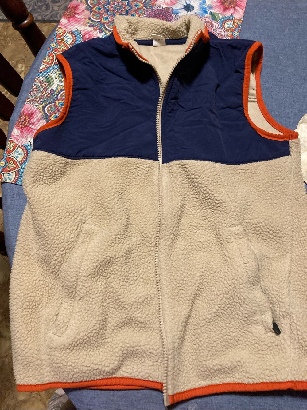 Old Navy Navy and Cream Sherpa Vest with Orange Trim